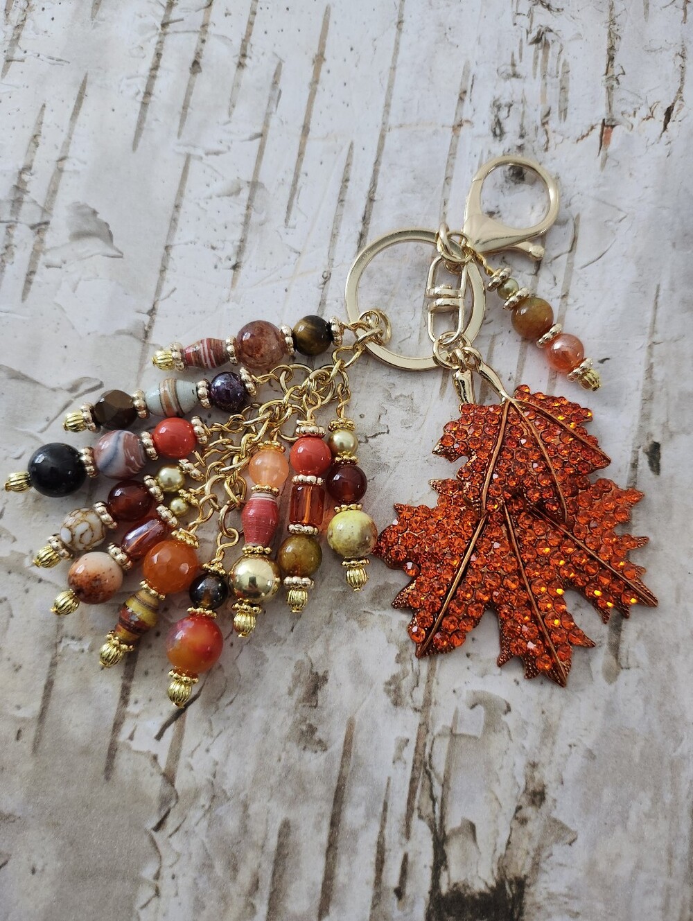 Autumn Leaf Purse Charm or Keychain Fire Agate Jasper Carnelian Handcrafted